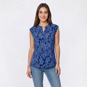 Petite AK Anne Klein Sleeveless Split Neck Leaf Blouse
